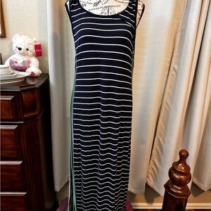 Long blue and white striped maxi dress